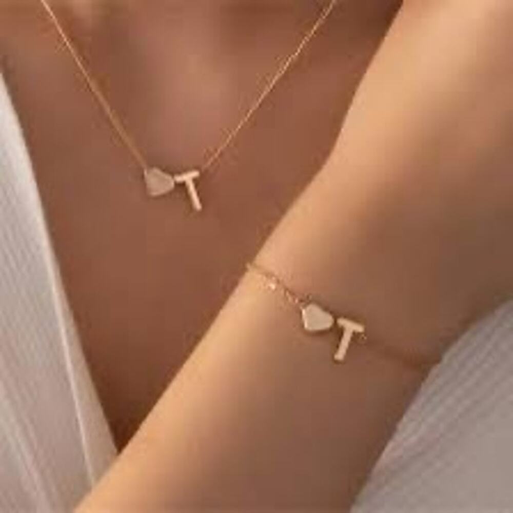 NWT personalized letter initial gold necklace and bracelet set LETTER T